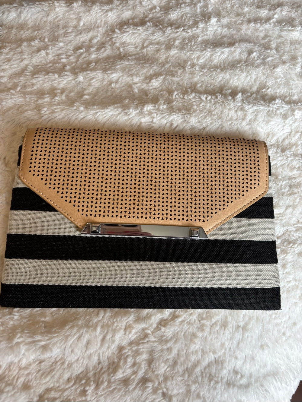Stella & Dot Black, Cream & Tan Striped Clutch with Perforated Flap